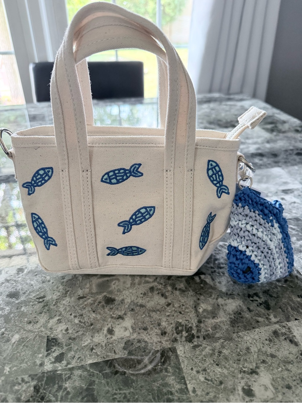 C&C California Cream Mini Tote with Blue Fish Embroidery - NWT